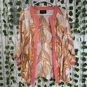 Bob Mackie Coral and Gold Leaf Print Blouse